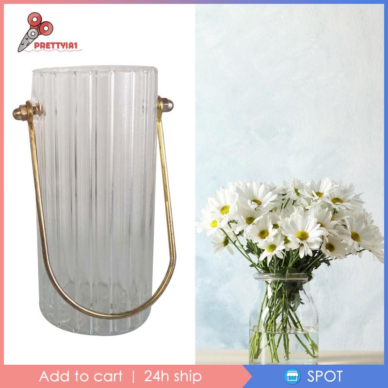 [Prettyia1] Bình Hoa Thủy Tinh Trong Suốt Hình Trụ Với Tay Cầm Kim Loại Kẻ Sọc Tròn