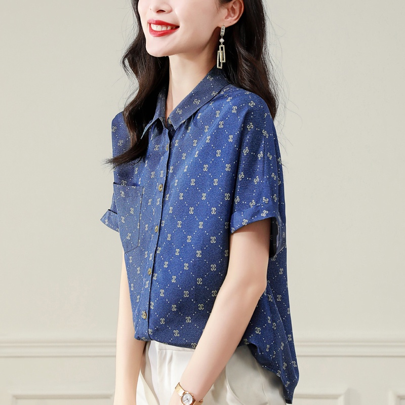 Áo Sơ Mi Lụa Tay Ngắn Dáng Rộng In Họa Tiết Giả Denim Phong Cách Retro Dành Cho Nữ