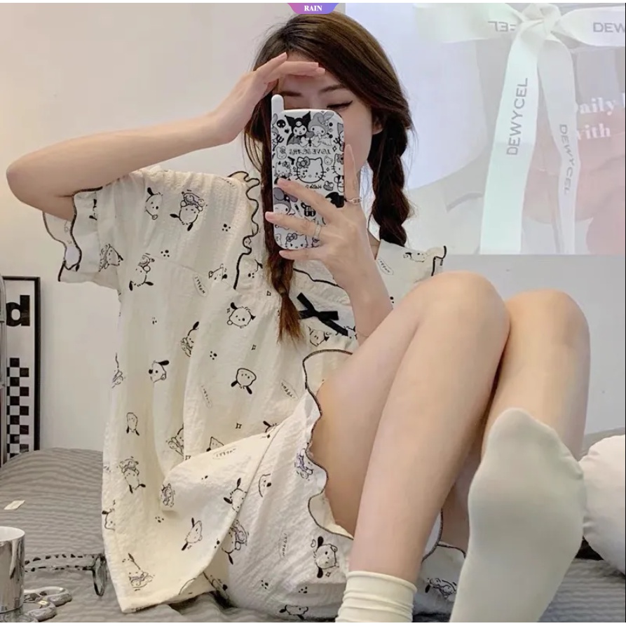 Bộ Đồ Ngủ Tay Ngắn Cổ Vuông Mỏng Nhẹ In Họa Tiết Sanrio Pochacco Hello Kitty Dễ Thương Thời Trang Mùa Hè Cho Nữ