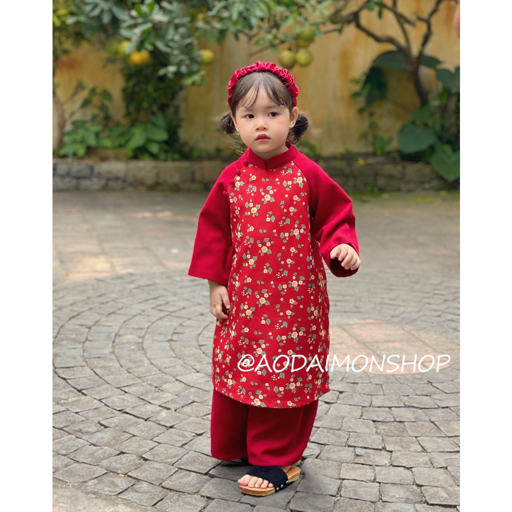 Set Áo Dài Bé Gái Nhung Tăm Hoa Nhí Đỏ Phối Tay