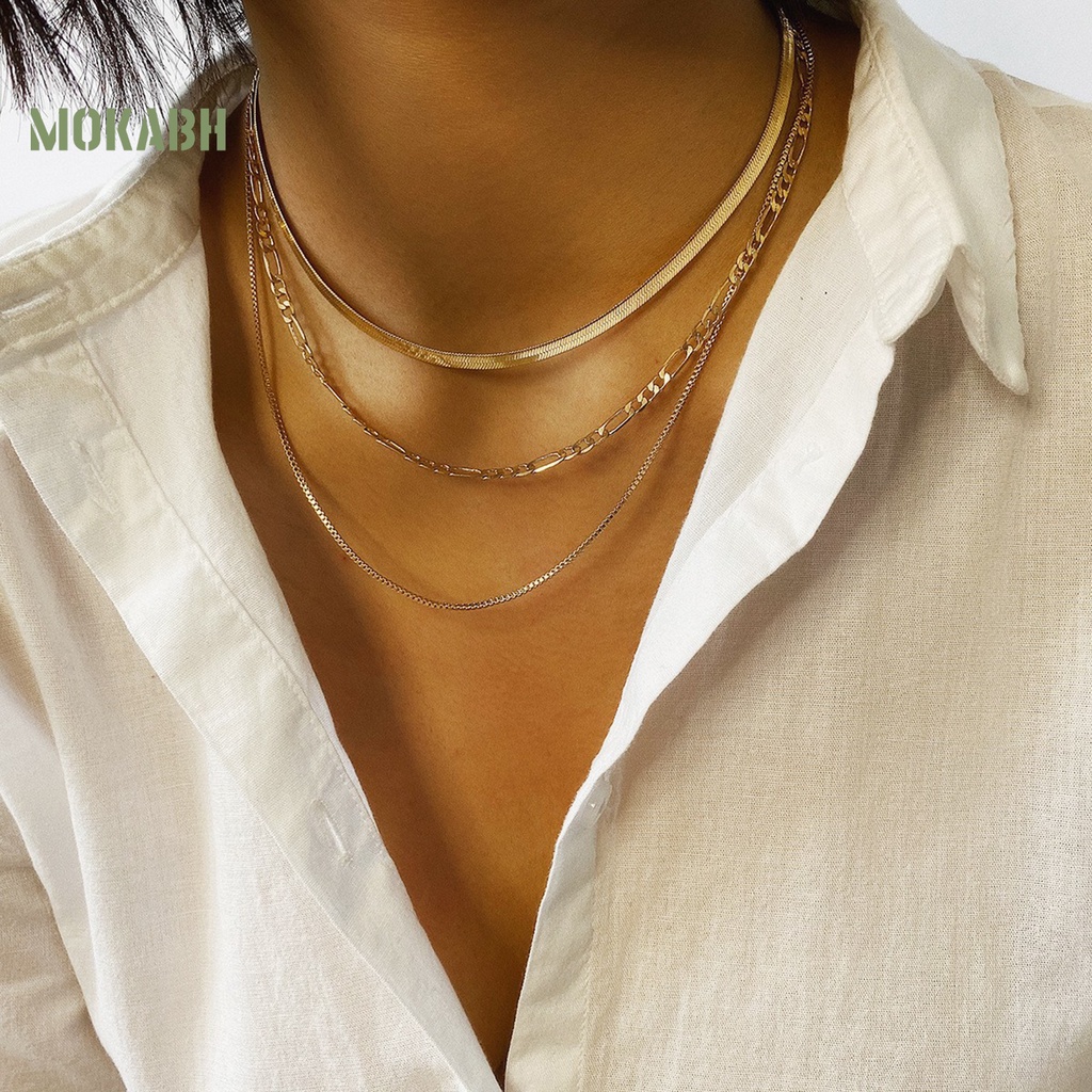 Vòng Cổ Xương Rắn 3 Lớp Màu Vàng / Bạc Tùy Chỉnh Thời Trang Phong Cách Punk Cá Tính [Mok Abh] Dành Cho Nữ