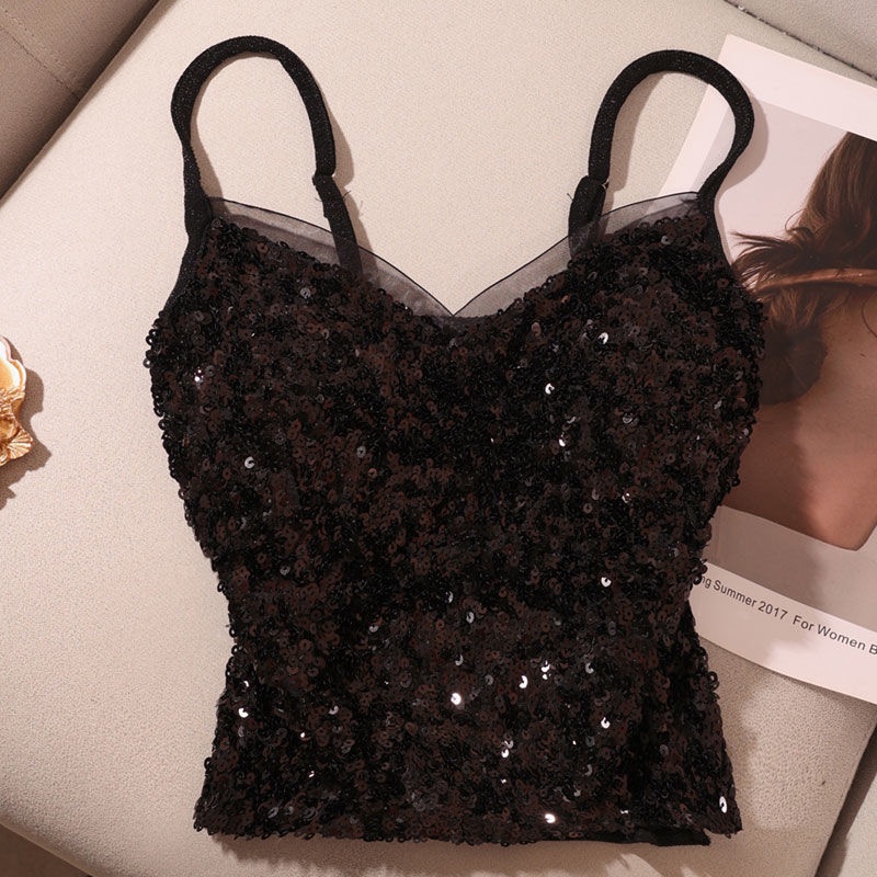 Áo Hai Dây Cổ Chữ V Màu Đen Đính Kim Sa Lấp Lánh Thời Trang Mùa Hè Cho Nữ