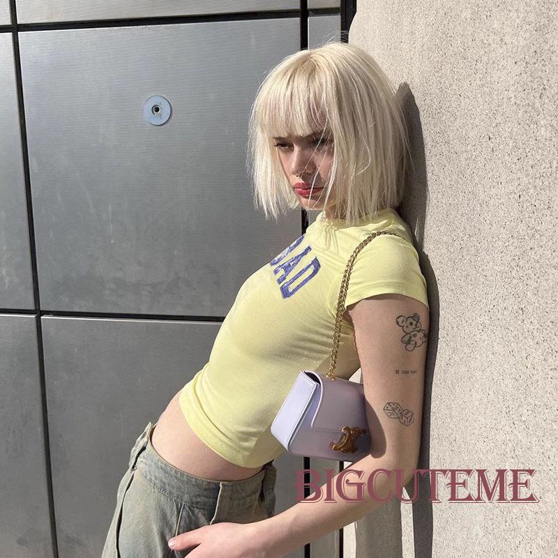 Áo Thun Lửng Ngắn Tay Cổ Tròn In Chữ Thời Trang Nữ Tính