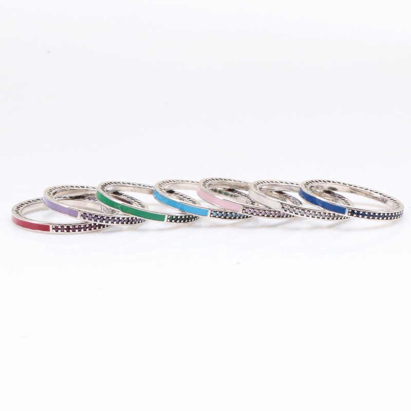 Nhẫn Pandora925 Tráng Men Mạ Bạc 925 Hình Trái Tim Đính Đá Nhiều Màu Sắc Phong Cách Châu Âu Cho Nữ