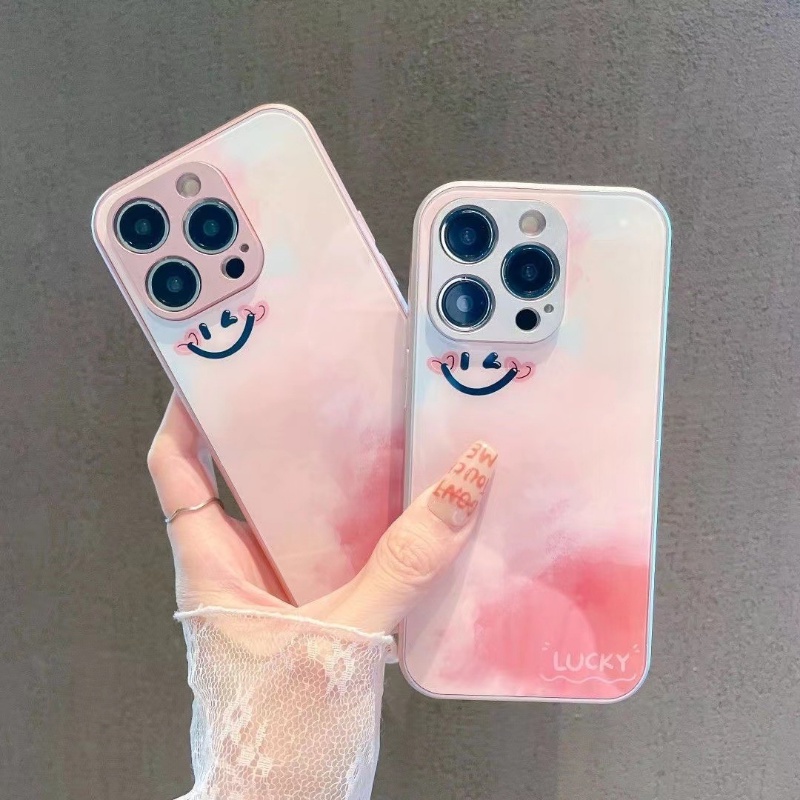 Ốp Điện Thoại Mặt Kính Họa Tiết Mặt Cười Đơn Giản Cho IPhone 13 14promax