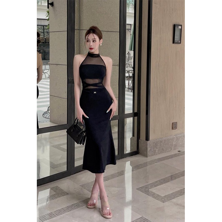 Đầm Đuôi Cá Sát Nách Dáng Dài Màu Đen Quyến Rũ Cho Nữ