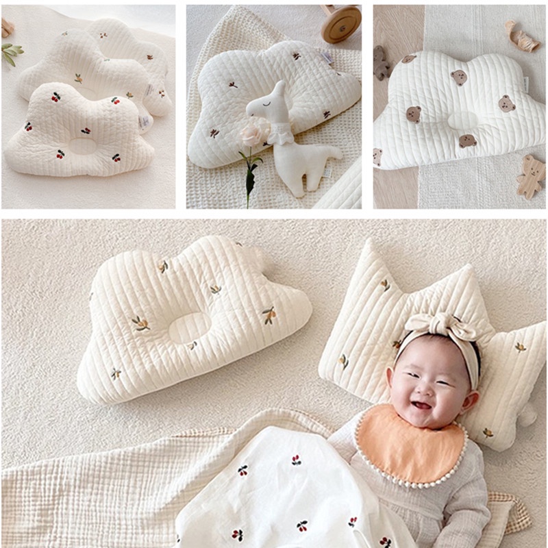 Gối Cotton Tinh Khiết Thêu Hình Đầu Tròn Chống Ve Cho Bé Sơ Sinh