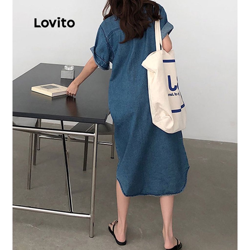 Lovito Đầm denim thô có túi màu trơn giản dị dành cho nữ LNA09005 (Màu xanh da trời)