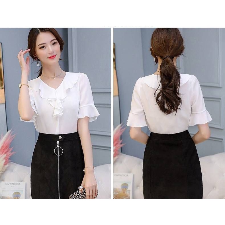 Áo Sơ Mi Chiffon Tay Ngắn Cổ Chữ V Dáng Ôm Phong Cách Hàn Quốc Thời Trang Mùa Hè Mới Cho Nữ