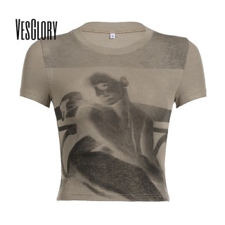 VesGlory Nữ Crop Top Thời Trang In Trừu Tượng Cổ Tròn Tay NgắnSlim Fit Áo Thun