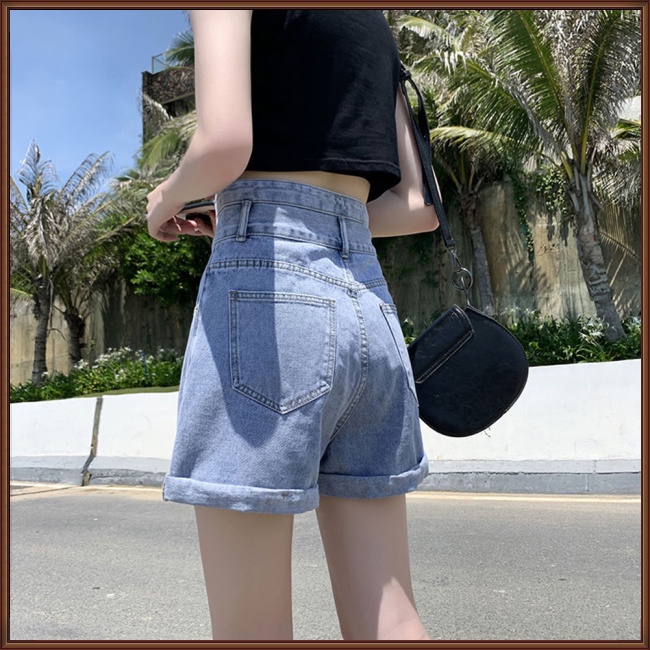 Quần Short Denim Lưng Cao Ống Rộng Phối Túi Thời Trang Mùa Hè Cho Nữ