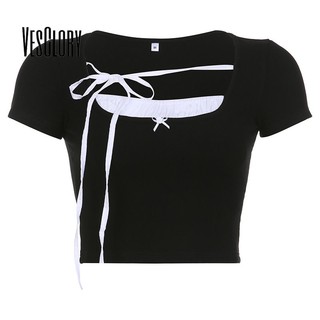 Áo Thun Crop Top Tay Ngắn Cổ Chữ U Màu Tương Phản Thời Trang 2023 Cho Nữ