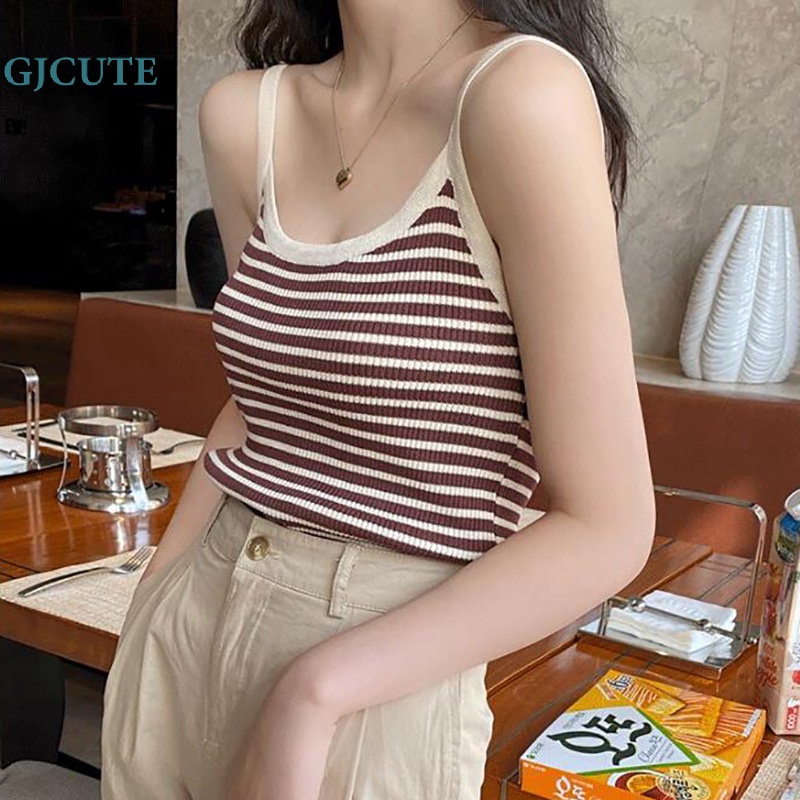 Áo Hai Dây Dệt Kim Mỏng Mùa Hè In Họa Tiết Sọc Cổ Điển Cho Nữ WTD