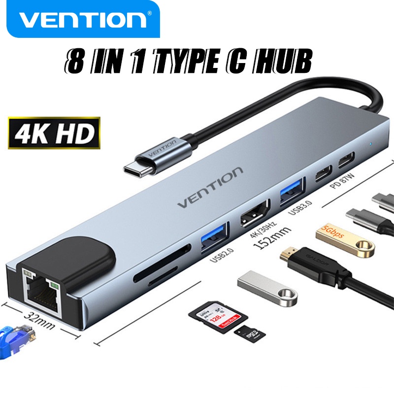 Vention Hub Chia Cổng USB C Hub 8 Trong 1 Type C Sang USB 2.0 USB 3.0 3.5mm Có Đầu Đọc Thẻ SD / TF Cho Laptop PC