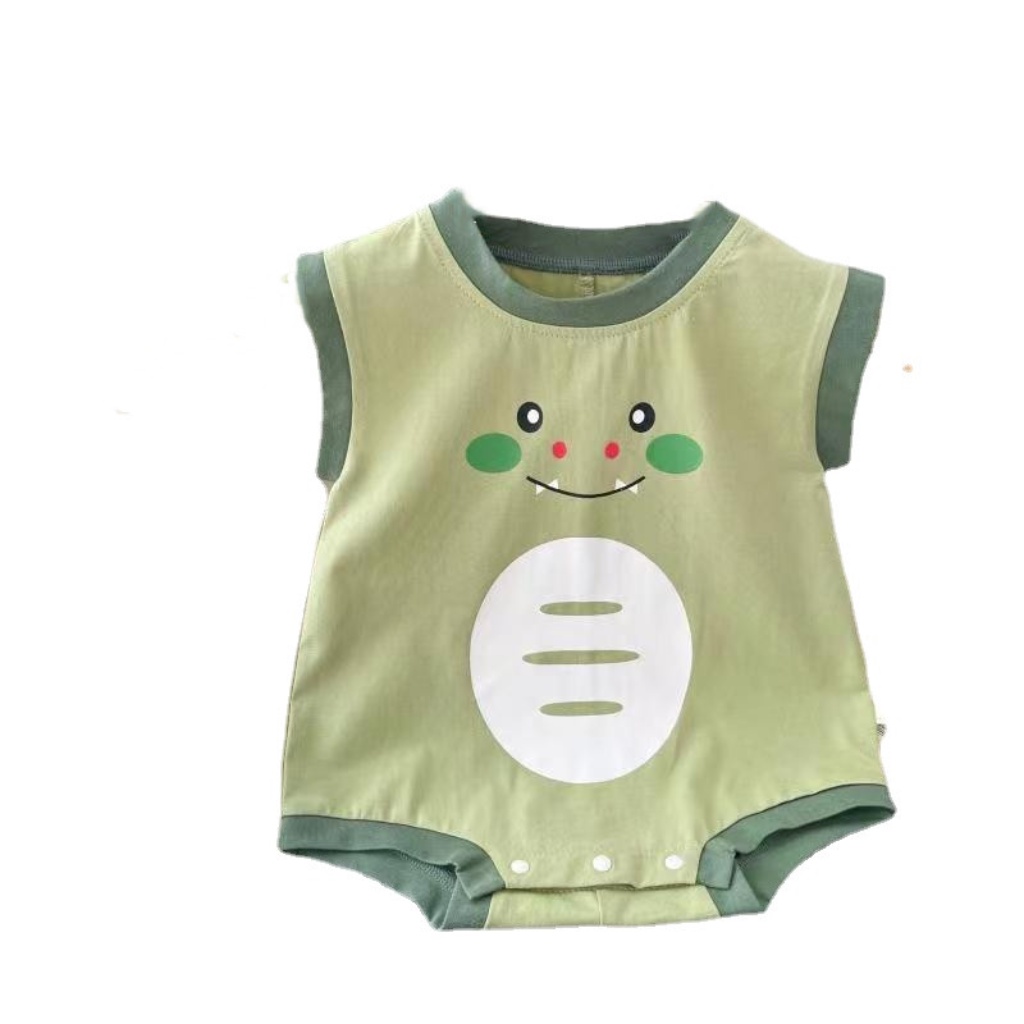 Áo Liền Quần Tam Giác Sát Nách Vải Cotton In Hình Khủng Long Dễ Thương Thời Trang Mùa Hè Cho Bé Từ 0-2 Tuổi