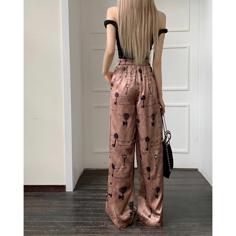 Quần Dài Vải Satin Ống Rộng Lưng Cao In Họa Tiết Vintage Thời Trang Mùa Hè Cho Nữ