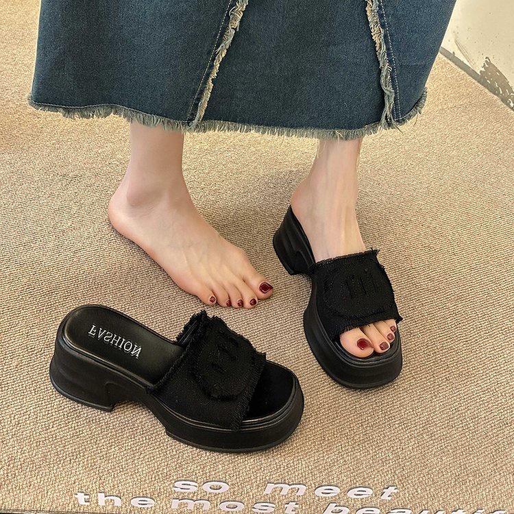 Dép Sandal Đế Xuồng Cao Màu Đen Bằng Vải Bạt Chống Nước Thời Trang Mùa Hè 2023 Dành Cho Bạn Nữ