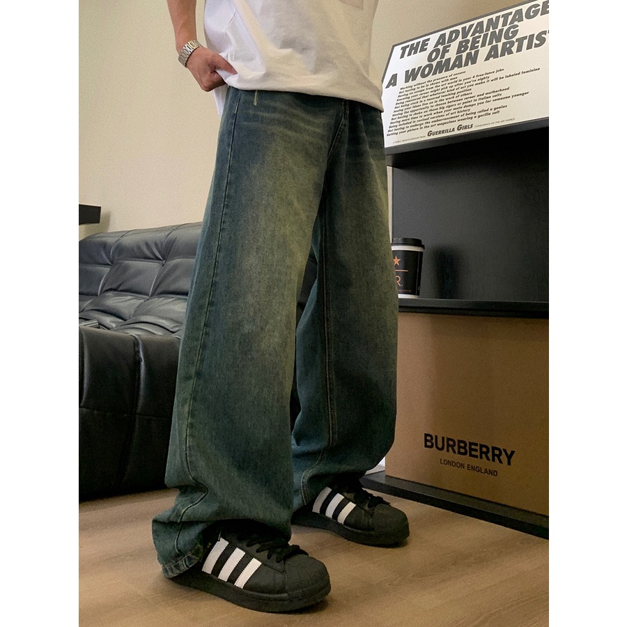 Hàng Mới Về Mới Quần Jean Ống Rộng Màu Xanh Dương Đậm Phong Cách Retro Đường Phố Mỹ Cho Nam Và Nữ