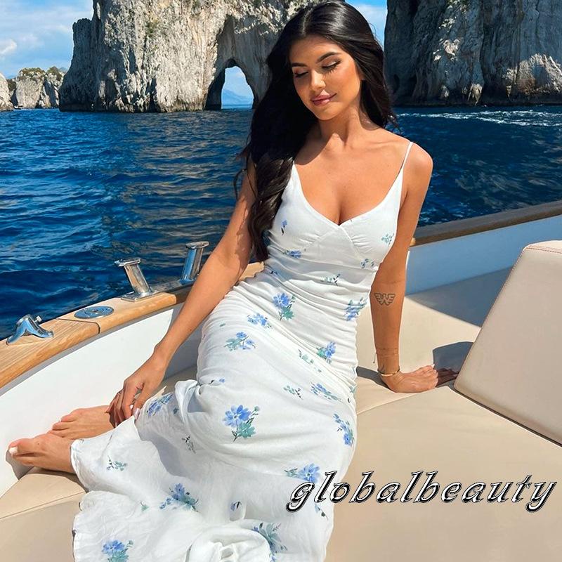 Đầm Dài Không Tay Cổ Chữ V Hở Lưng Họa Tiết Hoa Thời Trang Mùa Hè Cho Nữ