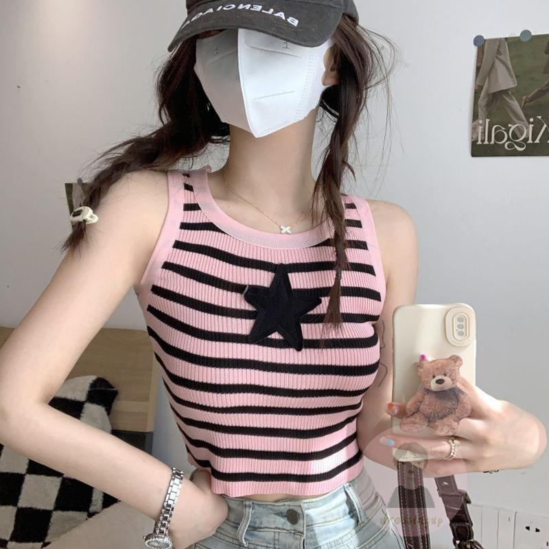 Áo Tank Top Sát Nách Cổ Tròn Hoạ Tiết Kẻ Sọc Cho Phái Nữ