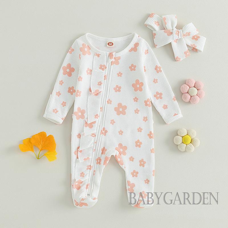 Bộ Áo Liền Quần Tay Dài In Hoa Hoạt Hình Khóa Kéo Trước + Băng Đô Nơ Dành Cho Bé Gái