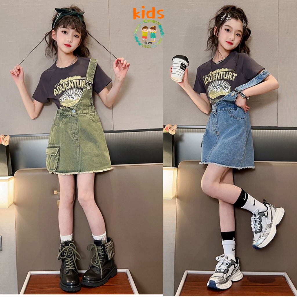 Set Áo Thun Tay Ngắn Phối Váy Yếm Denim Thời Trang Mùa Hè Xinh Xắn Cho Bé Gái 3-5 - 8-10 - 12-13 Tuổi