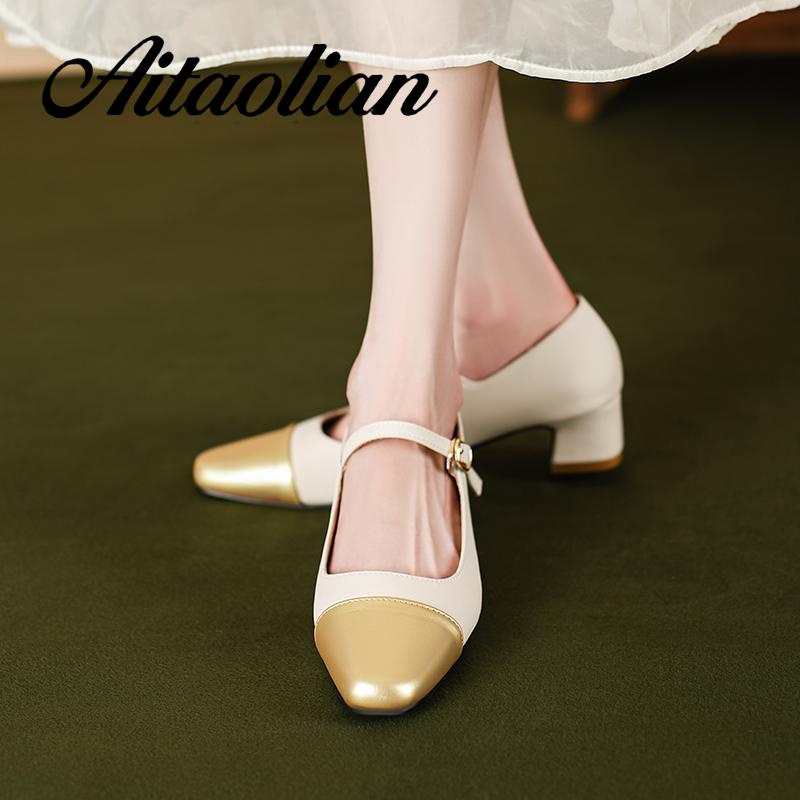 Giày Cao Gót 4cm Da Thật Mũi Vuông Kiểu retro Anh Xinh Xắn Cho Nữ