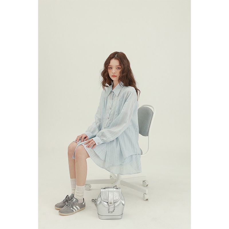 Set Áo Sơ Mi Chiffon Dài Tay Và Chân Váy Dài Màu Xanh Dương Thời Trang Mùa Thu Mới 2023 Cho Nữ