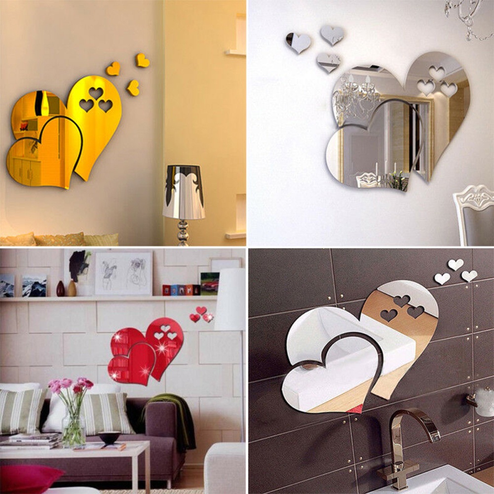 Đề Can Acrylic Hình Trái Tim 3D Tráng Gương Dán Tường Trang Trí Phòng Khách