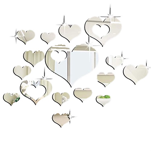 Set 16 Miếng Dán Tường Tráng Gương Hình Trái Tim 3D Sáng Tạo Trang Trí Nhà Cửa