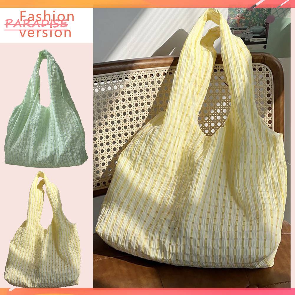 Túi Xách Tote Mềm Gấp Gọn Họa Tiết Sọc Caro Thời Trang Cho Nữ