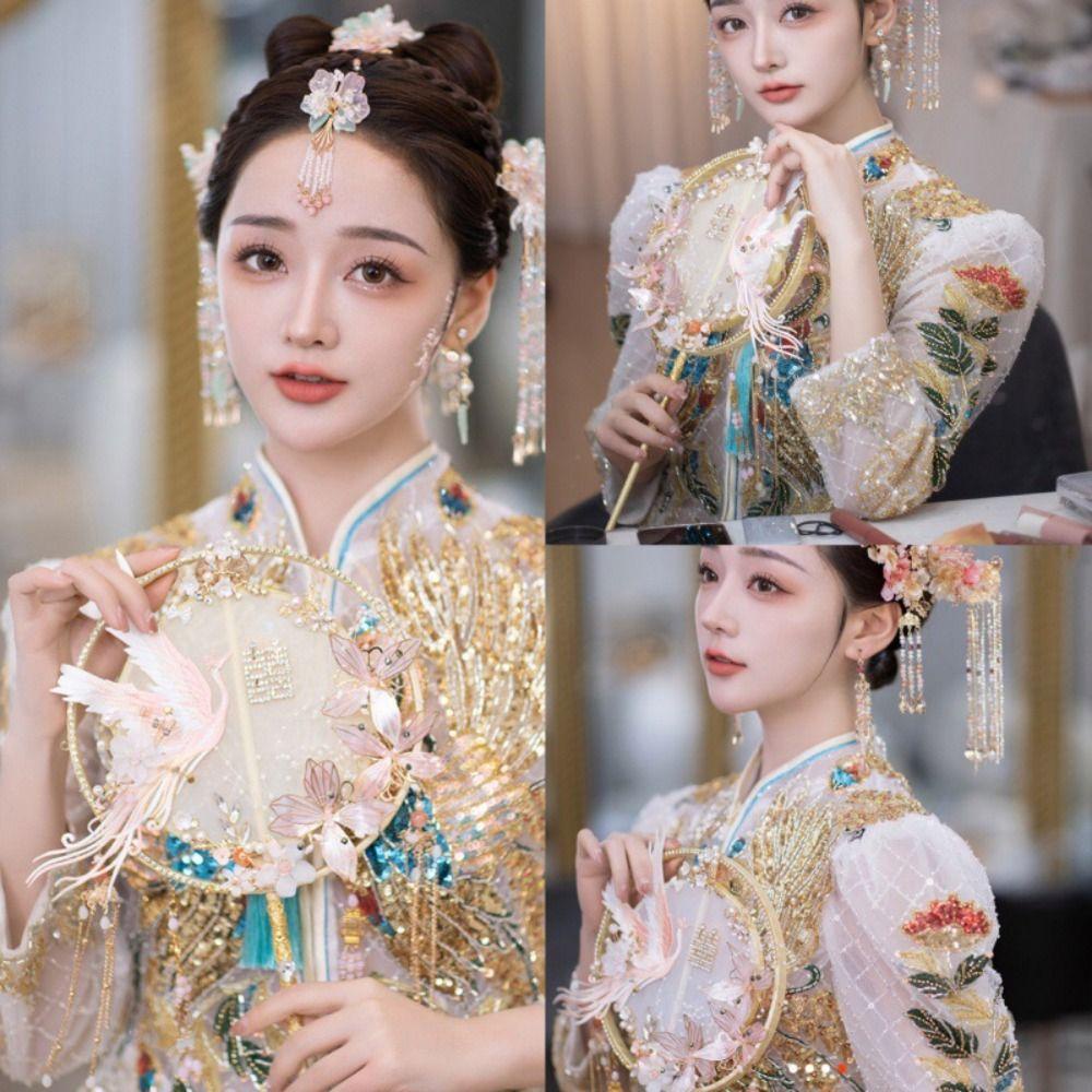 AARON1 Quạt Cầm Tay Dáng Tròn Thêu Hình Chim Phượng Hoàng Hai Mặt Phong Cách Trung Hoa Cổ Điển Dùng Làm Đạo Cụ Chụp Ảnh
