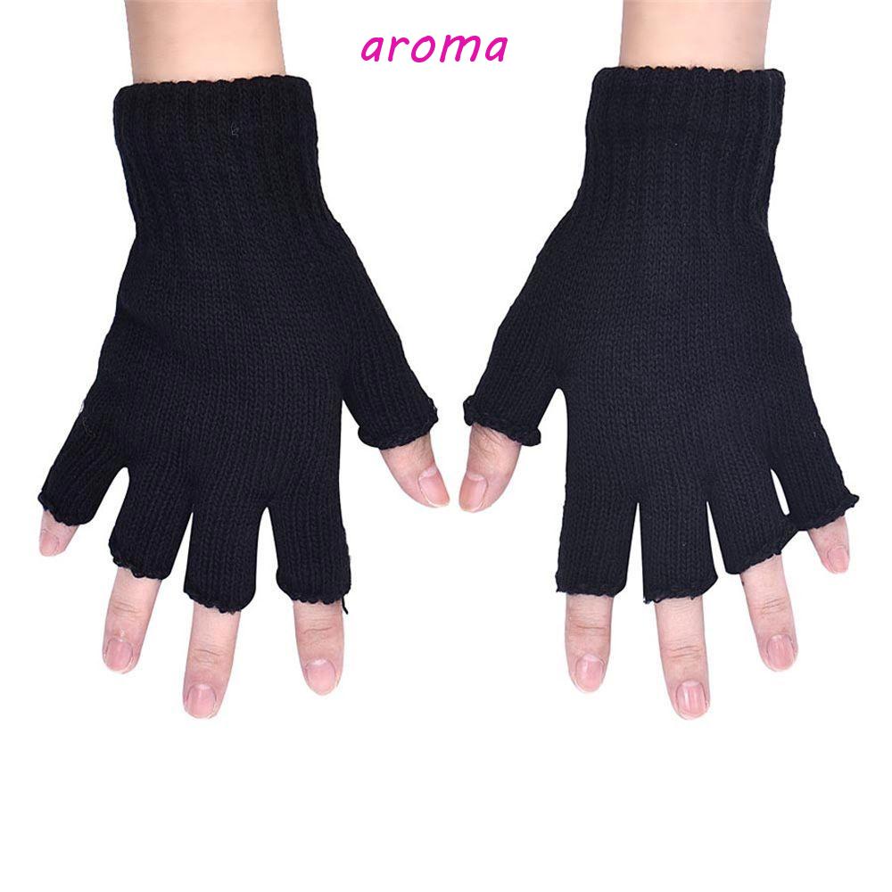 AROMA 1 Đôi Găng Tay Dệt Kim Hở Ngón Co Giãn Dày Dặn Giữ Ấm Mùa Đông Thời Trang
