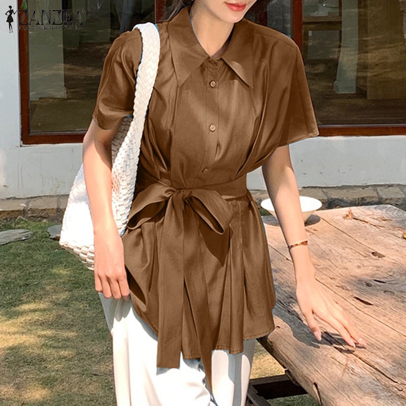 ZANZEA Áo Sơ Mi Ngắn Tay Xếp Ly Cổ Bẻ Thời Trang Hàn Quốc Cho Nữ