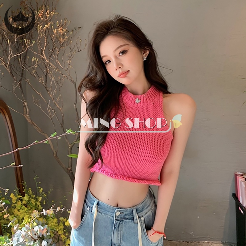 Áo Hai Dây Dệt Kim Cổ Tròn Màu Sắc Ngọt Ngào Thời Trang Mùa Hè Cho Nữ