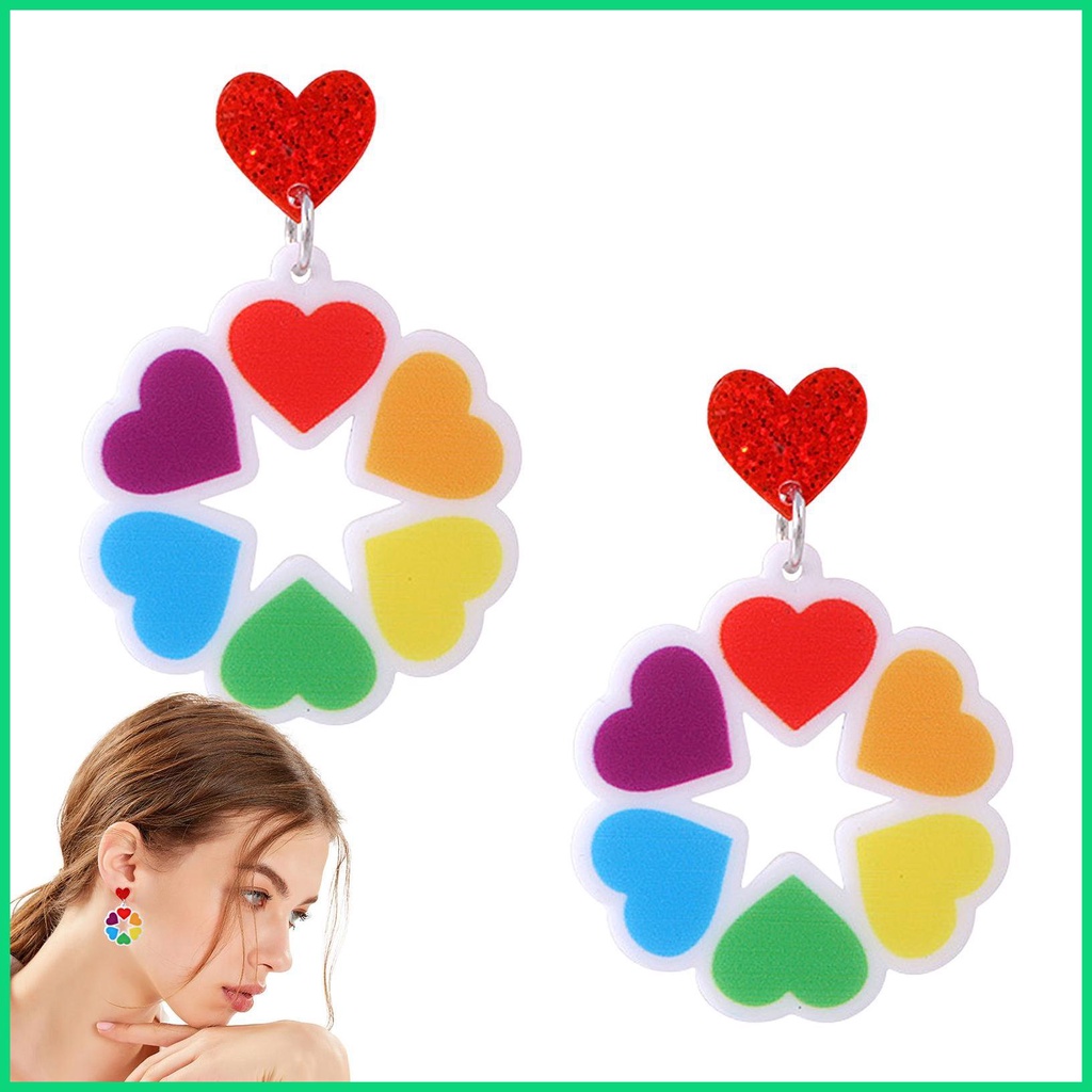 Bông Tai Dáng Dài Hình Trái Tim Màu Cầu Vồng Thời Trang