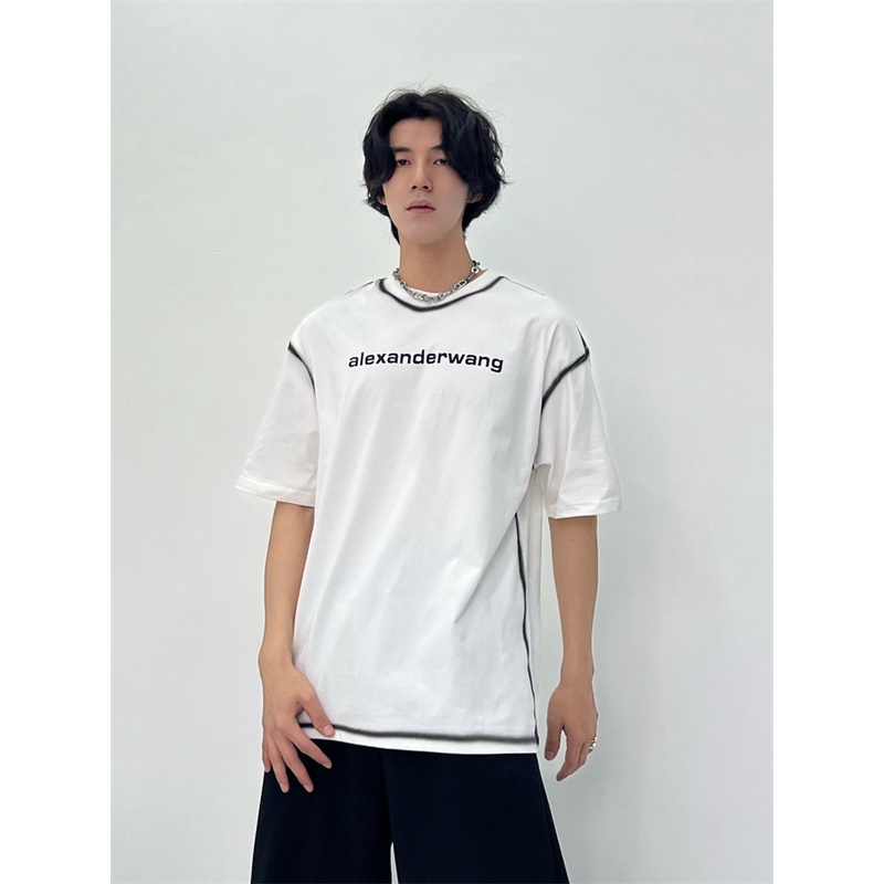 Ale-xander-wang - Vải Gạc In Màu Thuần Khiết Thủ Công Mới Nhất Áo Thun Tay Ngắn In Chữ Trước Ngực Thời Trang Cho Nam Và Nữ