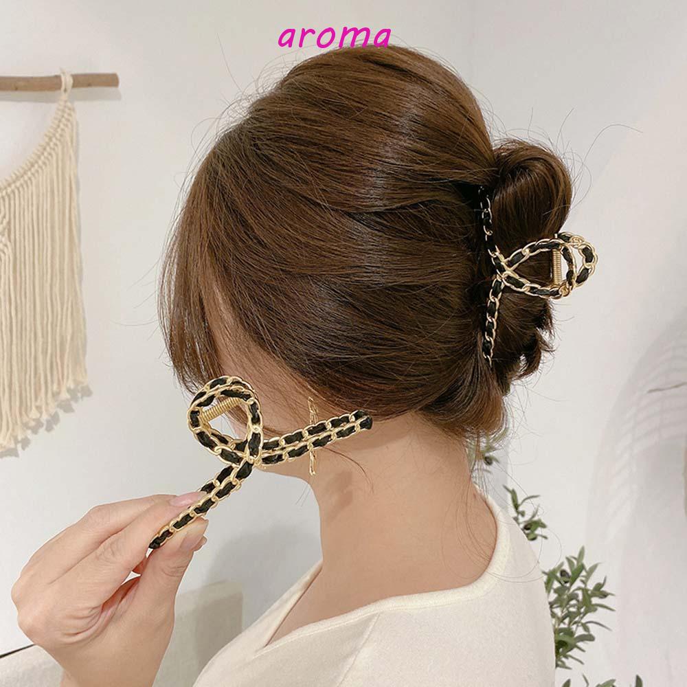 AROMA Dây Buộc Tóc Da Phối Xích Kim Loại Kiểu Hàn Quốc Đơn Giản Thời Trang Cho Nữ Giá Đỡ