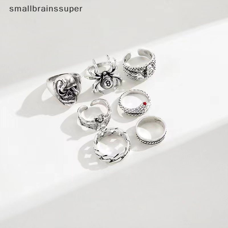 Set 7 Nhẫn Mạ Bạc Hình Rắn / Nhện Đính Đá Phong Cách Gothic Punk Cho Nữ
