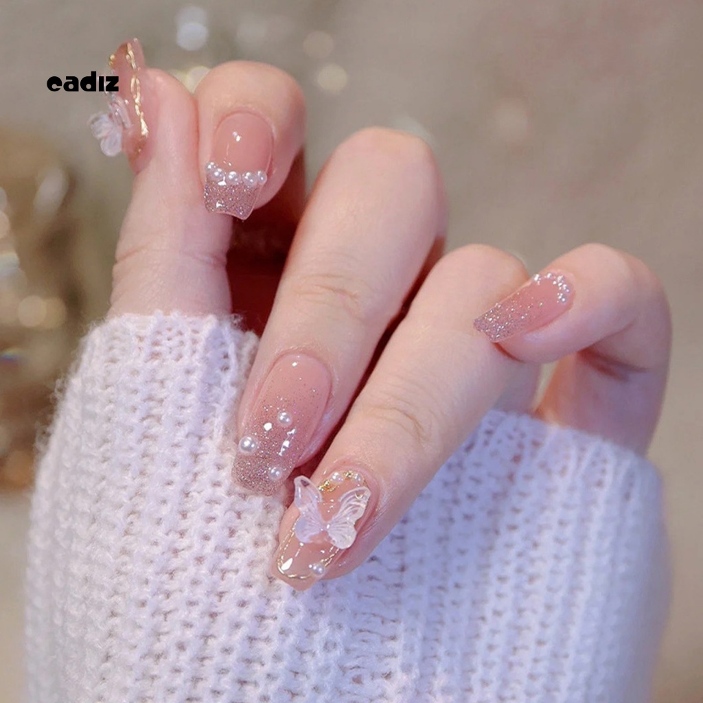 1 Bộ Móng Tay Giả Bằng Nhựa Siêu Mỏng Đính Ngọc Trai Hình Bướm 3D DIY