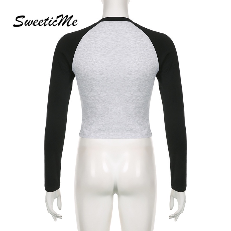 Áo Croptop Tay Dài Cổ Tròn Dáng Ôm Phối Màu Tương Phản Thời Trang 2023 Cho Nữ