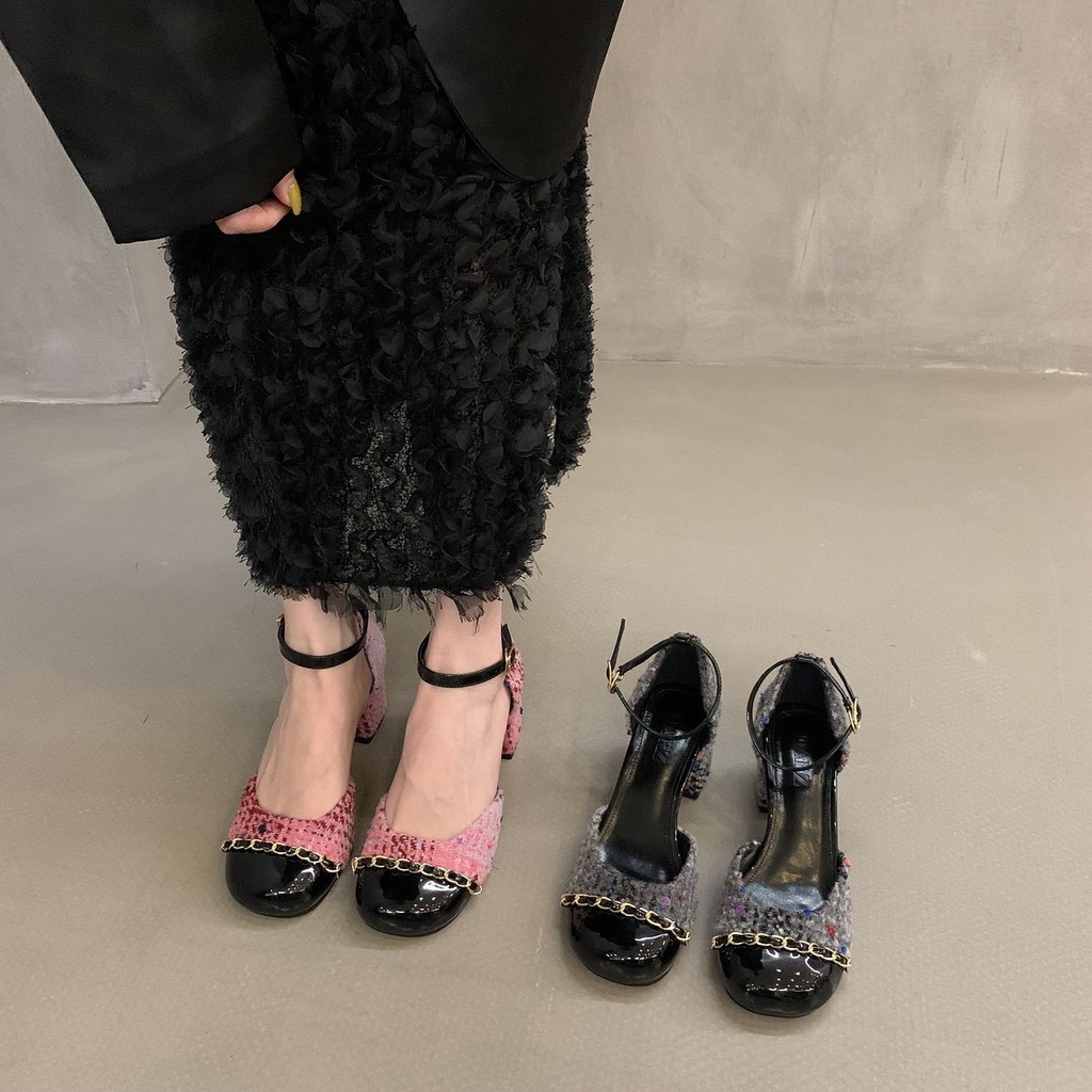 Giày Sandal Cao Gót Vải Len Đế Thô Cài Khóa Thời Trang 2023 Dành Cho Nữ