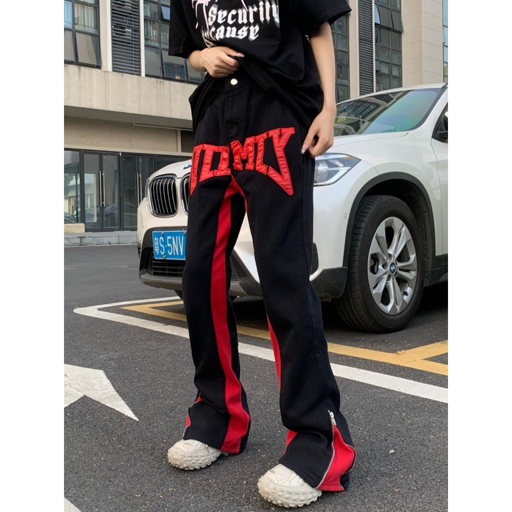 Quần Jean Dài Dáng Suông Rộng Có Khóa Kéo Phong Cách Hiphop Đường Phố Mỹ Cho Nam Và Nữ