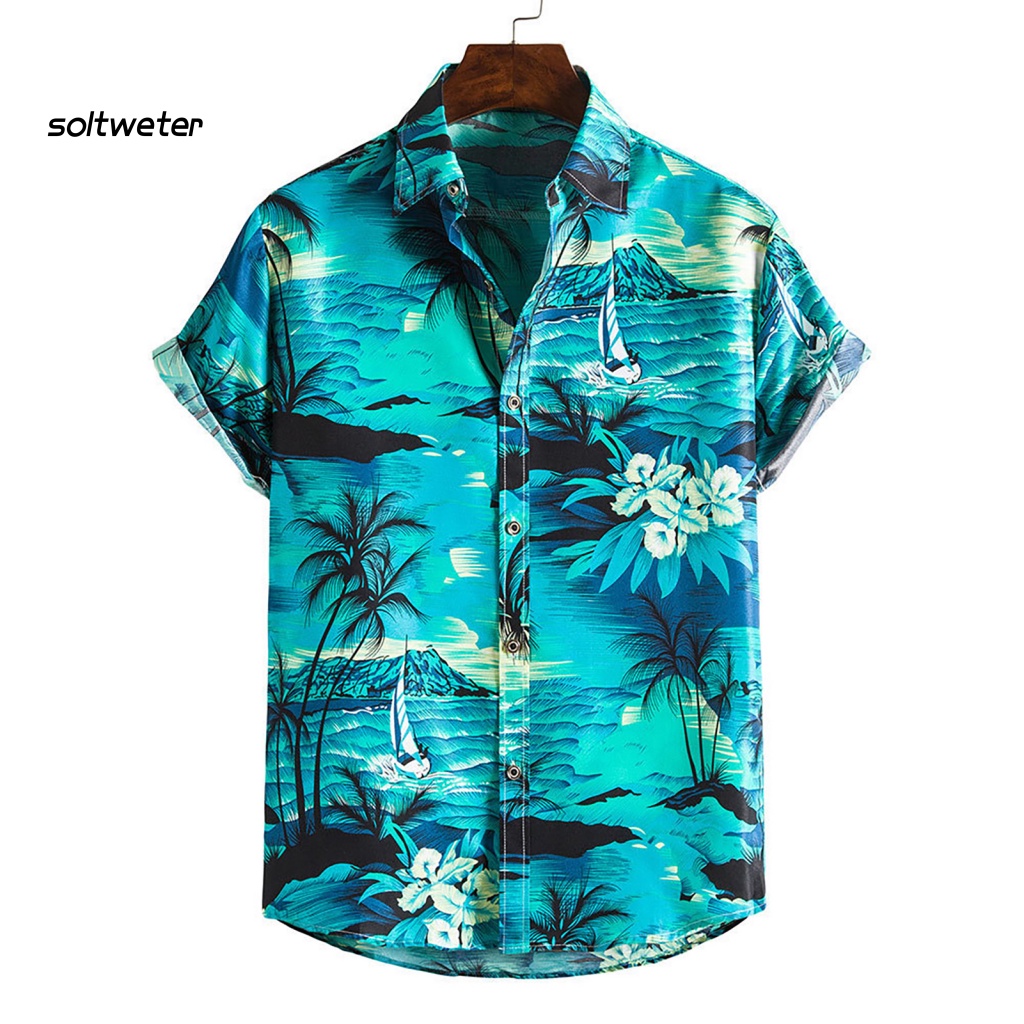 Áo Sơ Mi Tay Ngắn Cổ Bẻ In Họa Tiết Cây Dừa Phong Cách Hawaii Thời Trang Mùa Hè Cho Nam