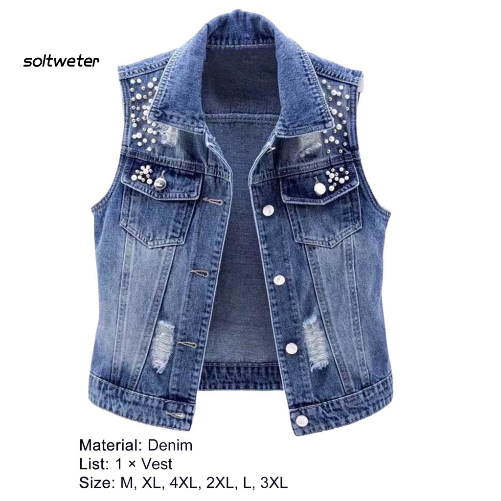 Áo Khoác Denim Sát Nách Màu Trơn Cài Một Hàng Nút Có Túi Và Lỗ Xỏ Hạt Trang Trí Đường Phố Cho Nữ