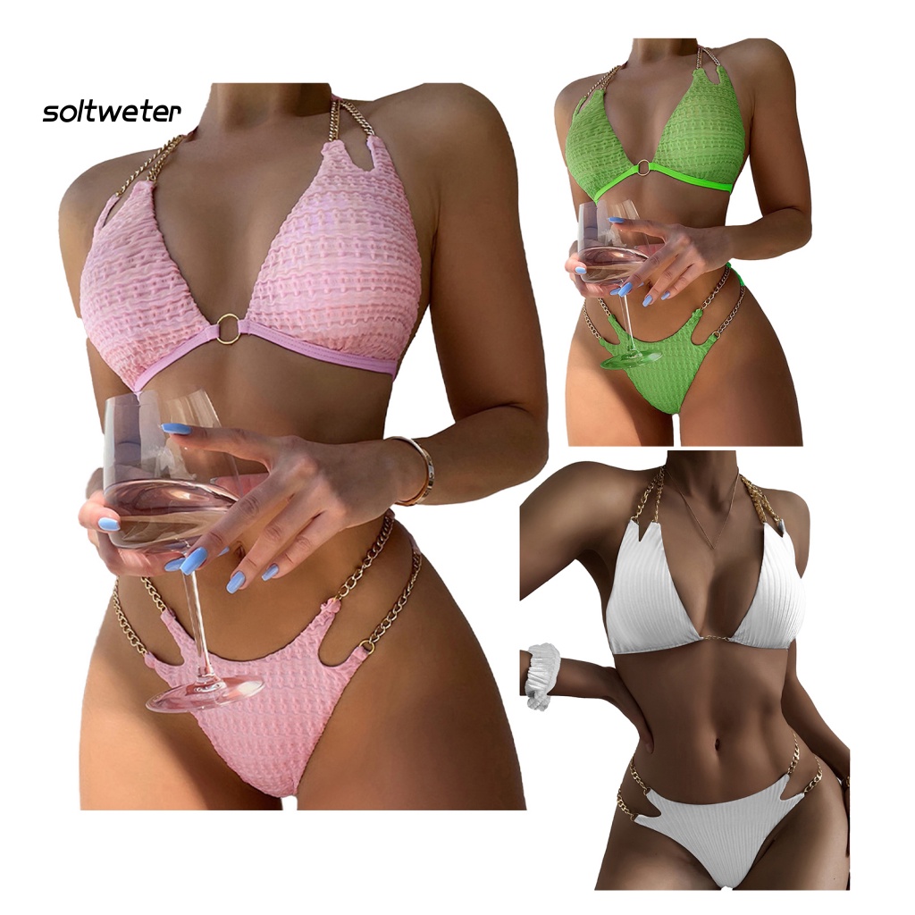 Bộ Bikini 2 Mảnh Màu Sắc Trơn Cổ Chữ V Khoét Sâu Gợi Cảm