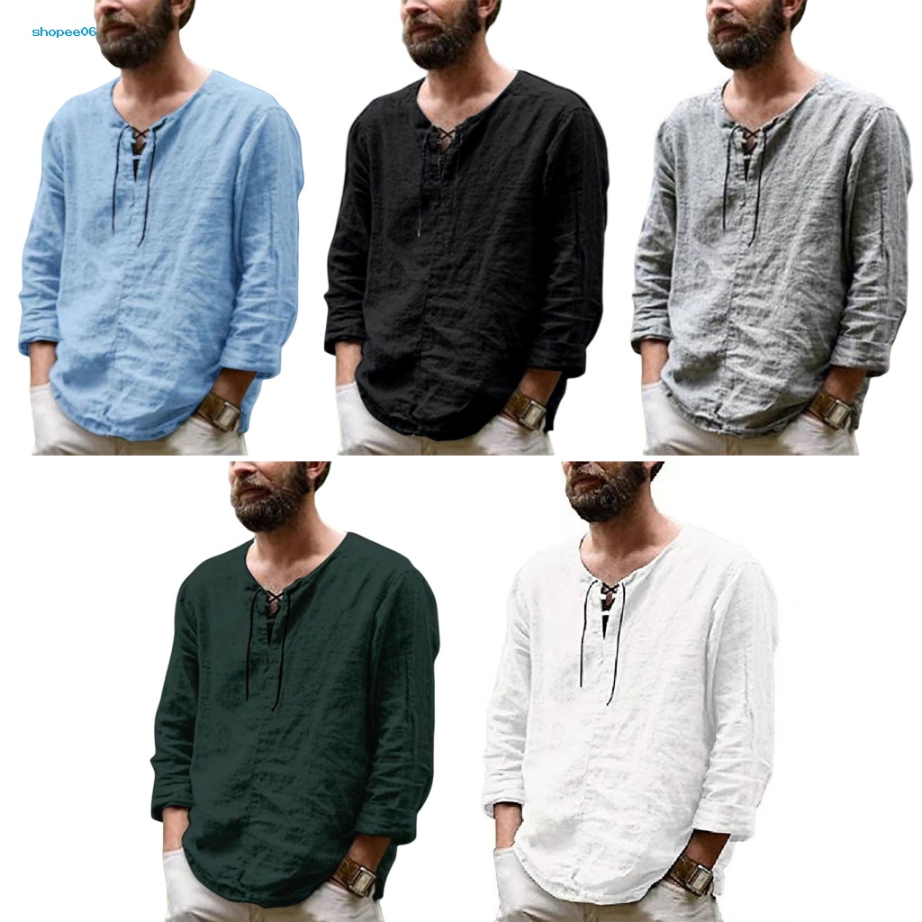 Áo Thun Tay Dài Cổ Tròn Dáng Rộng Màu Trơn Phối Dây Rút Phong Cách Vintage Thời Trang Mùa Hè Cho Nam