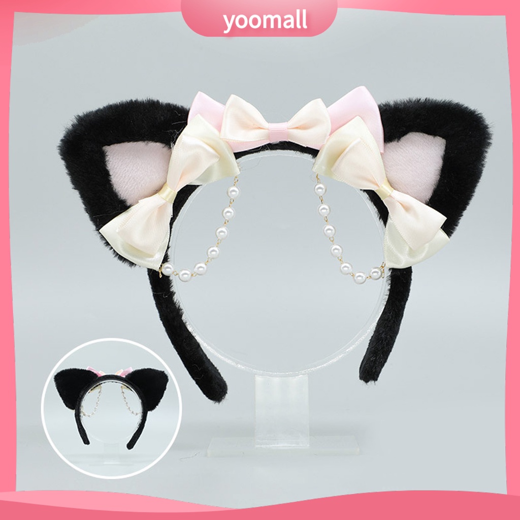 Băng Đô Tai Mèo Lông Nhung Đính Ngọc Trai Nhân Tạo Phong Cách Lolita Đáng Yêu Dành Cho Nữ