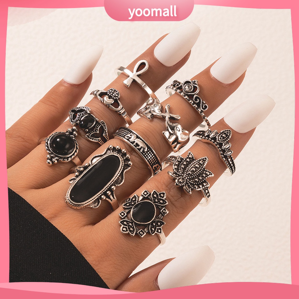 Set 11 Nhẫn Đeo Khớp Ngón Tay Màu Đen Phong Cách Bohemia
