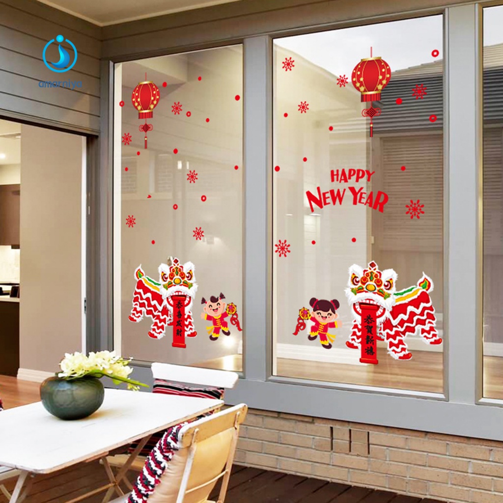 Amar Miếng Dán Tường Trong Suốt In Họa Tiết Sư Tử Nhảy Múa Lồng Đèn Chống Trống